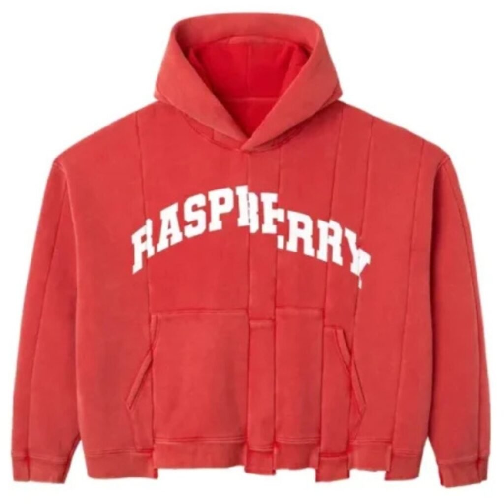 Gallery Raspberry Hills Spliced Red Hoodie with varsity RASPBERRY print and panel stitched streetwear design.